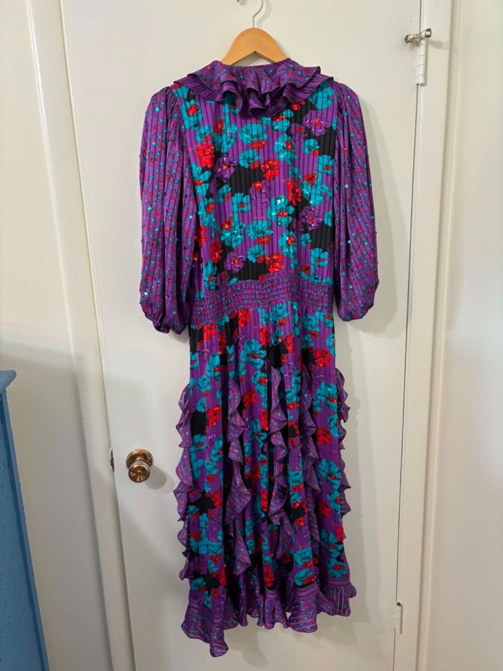 Vintage Diane Freis L Purple Ruffled Floral w/ Spangles & Balloon Sleeves - Picture 3 of 3